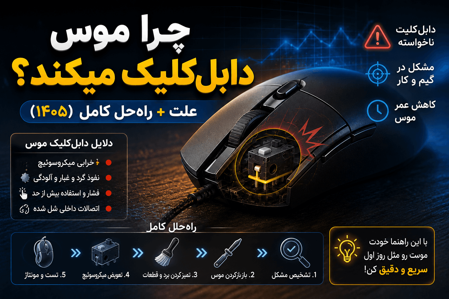 چرا موس دابلکلیک میکند؟ علت + راهحل کامل (۱۴۰5)